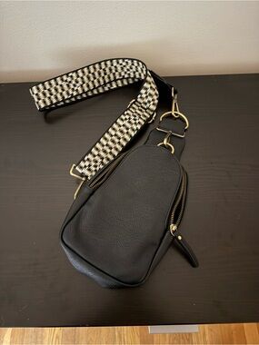 Anthropologie Black Crossbody Sling Bag with Patterned Strap